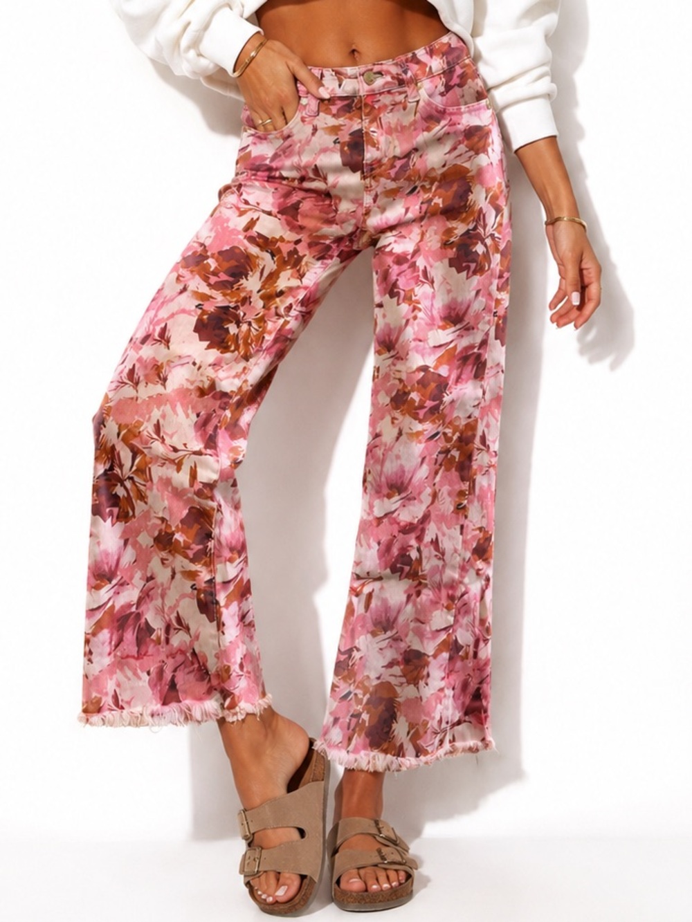 Liverpool Los Angeles Hannah Floral Crop Flare Fray Jeans Pink Rose Size 0